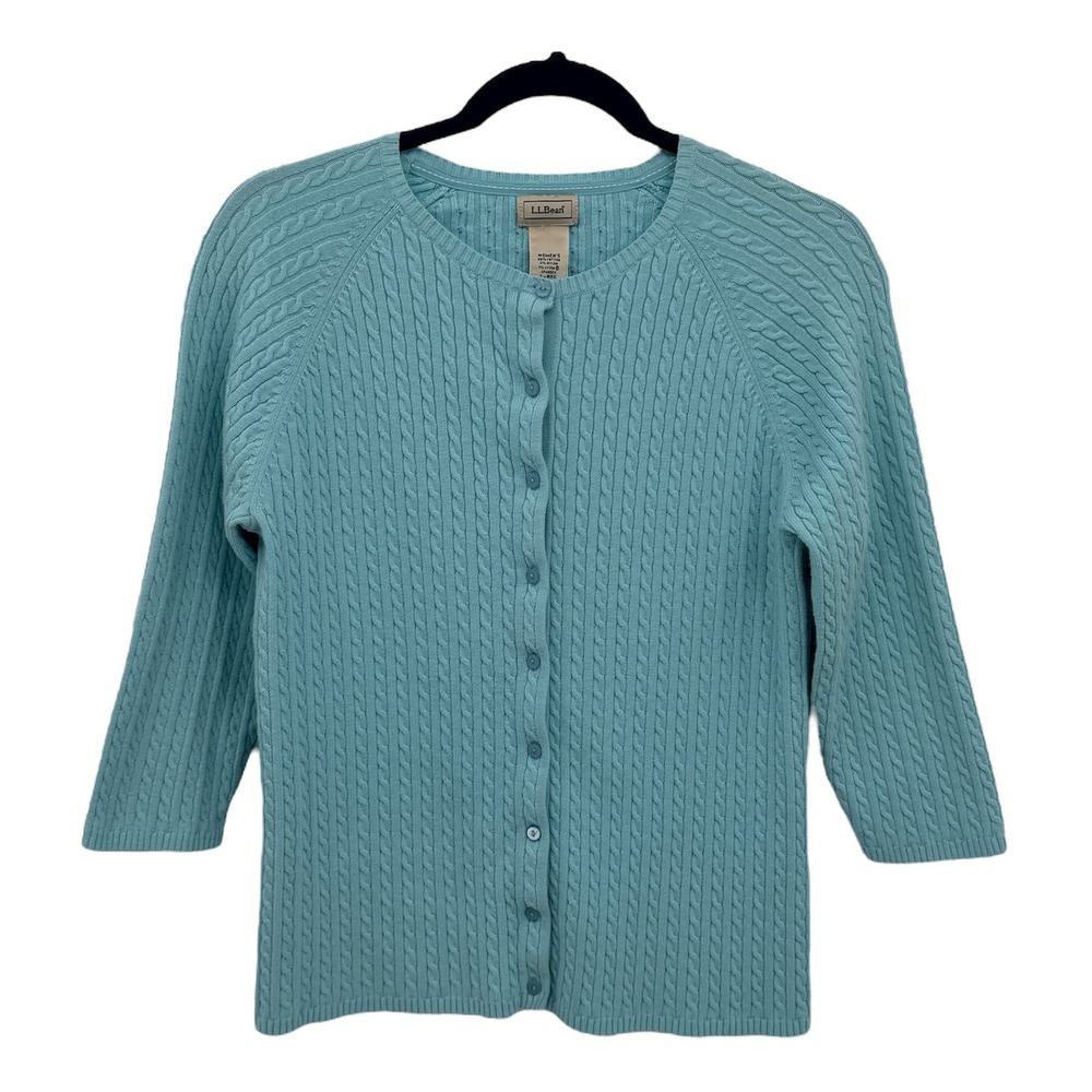 VTG L.L.Bean Women's L Aqua Cable‎ Knit Cardigan 3/4 Sleeve Cotton Minimalist